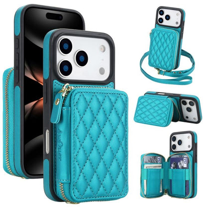 For iPhone 17 Pro AwQuer Crossbody Zipper Wallet Rhombic Leather Back Phone Case(Green) by Awquer