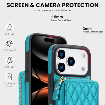 For iPhone 17 Pro AwQuer Crossbody Zipper Wallet Rhombic Leather Back Phone Case(Green) by Awquer