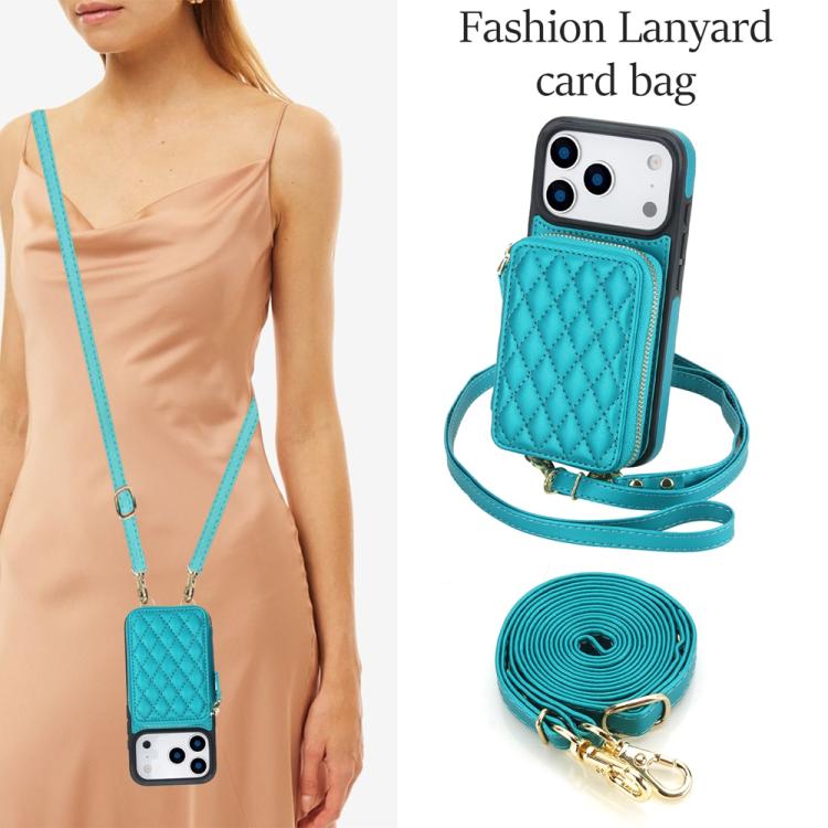 For iPhone 17 Pro AwQuer Crossbody Zipper Wallet Rhombic Leather Back Phone Case(Green) by Awquer