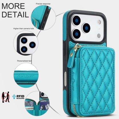 For iPhone 17 Pro AwQuer Crossbody Zipper Wallet Rhombic Leather Back Phone Case(Green) by Awquer