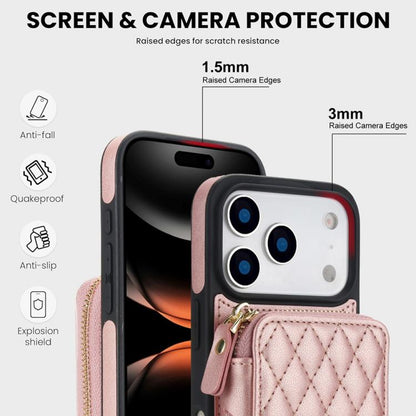For iPhone 17 Pro AwQuer Crossbody Zipper Wallet Rhombic Leather Back Phone Case(Rose Gold) by Awquer