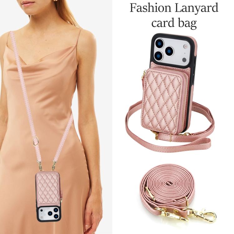 For iPhone 17 Pro AwQuer Crossbody Zipper Wallet Rhombic Leather Back Phone Case(Rose Gold) by Awquer