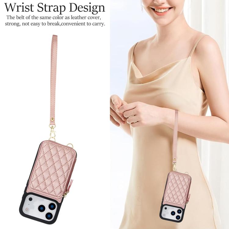 For iPhone 17 Pro AwQuer Crossbody Zipper Wallet Rhombic Leather Back Phone Case(Rose Gold) by Awquer