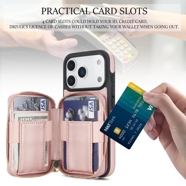 For iPhone 17 Pro AwQuer Crossbody Zipper Wallet Rhombic Leather Back Phone Case(Rose Gold) by Awquer