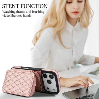 For iPhone 17 Pro AwQuer Crossbody Zipper Wallet Rhombic Leather Back Phone Case(Rose Gold) by Awquer