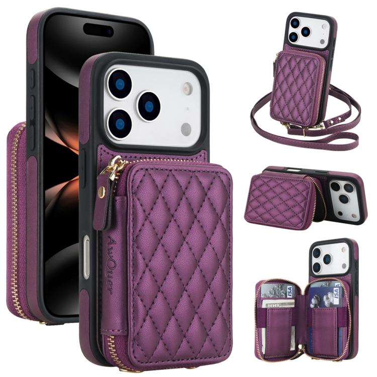 For iPhone 17 Pro AwQuer Crossbody Zipper Wallet Rhombic Leather Back Phone Case(Dark Purple) by Awquer