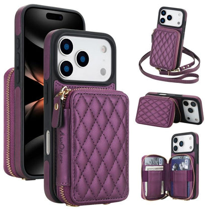 For iPhone 17 Pro AwQuer Crossbody Zipper Wallet Rhombic Leather Back Phone Case(Dark Purple) by Awquer