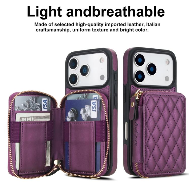 For iPhone 17 Pro AwQuer Crossbody Zipper Wallet Rhombic Leather Back Phone Case(Dark Purple) by Awquer