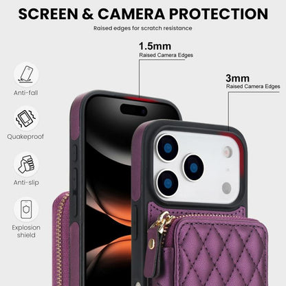 For iPhone 17 Pro AwQuer Crossbody Zipper Wallet Rhombic Leather Back Phone Case(Dark Purple) by Awquer