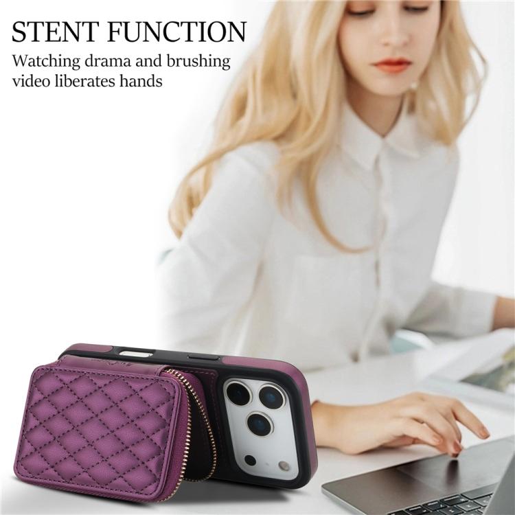 For iPhone 17 Pro AwQuer Crossbody Zipper Wallet Rhombic Leather Back Phone Case(Dark Purple) by Awquer