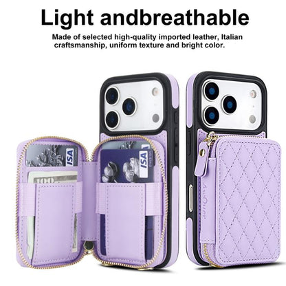 For iPhone 17 Pro AwQuer Crossbody Zipper Wallet Rhombic Leather Back Phone Case(Purple) by Awquer