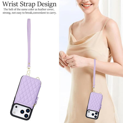 For iPhone 17 Pro AwQuer Crossbody Zipper Wallet Rhombic Leather Back Phone Case(Purple) by Awquer