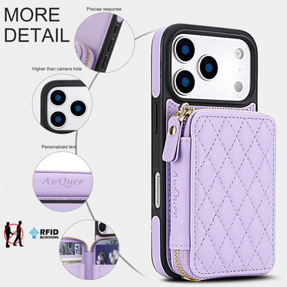For iPhone 17 Pro AwQuer Crossbody Zipper Wallet Rhombic Leather Back Phone Case(Purple) by Awquer