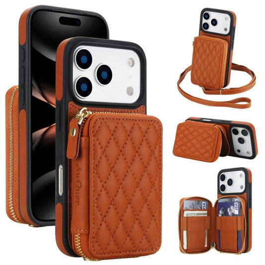 For iPhone 17 Pro AwQuer Crossbody Zipper Wallet Rhombic Leather Back Phone Case(Brown) by Awquer