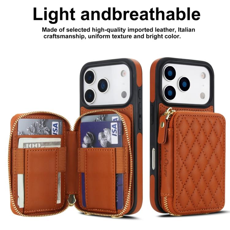 For iPhone 17 Pro AwQuer Crossbody Zipper Wallet Rhombic Leather Back Phone Case(Brown) by Awquer