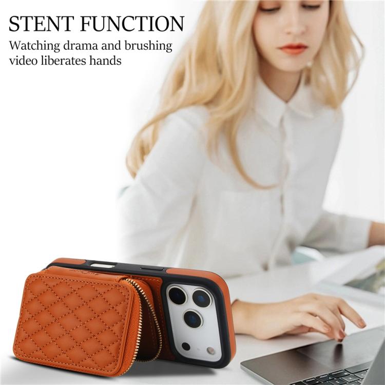 For iPhone 17 Pro AwQuer Crossbody Zipper Wallet Rhombic Leather Back Phone Case(Brown) by Awquer