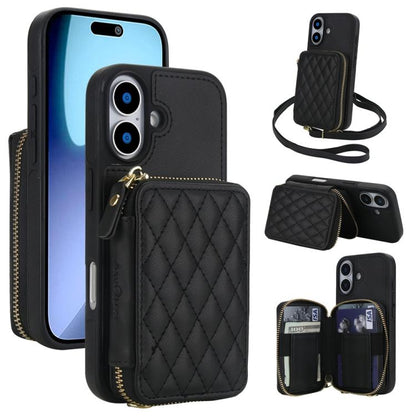 For iPhone 17 AwQuer Crossbody Zipper Wallet Rhombic Leather Back Phone Case(Black) by Awquer