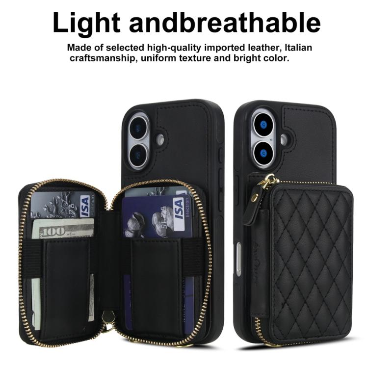 For iPhone 17 AwQuer Crossbody Zipper Wallet Rhombic Leather Back Phone Case(Black) by Awquer