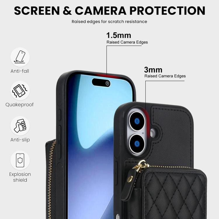 For iPhone 17 AwQuer Crossbody Zipper Wallet Rhombic Leather Back Phone Case(Black) by Awquer