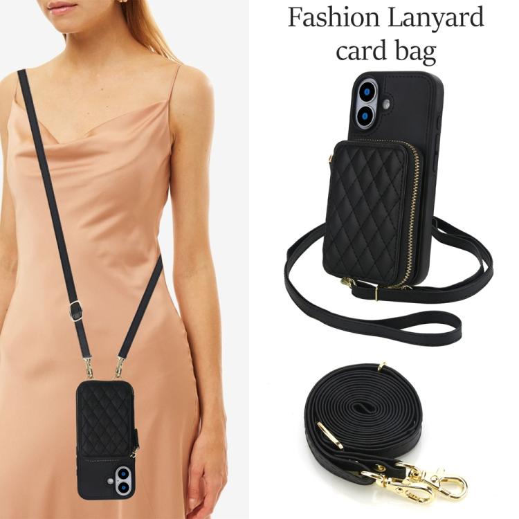 For iPhone 17 AwQuer Crossbody Zipper Wallet Rhombic Leather Back Phone Case(Black) by Awquer