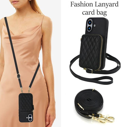 For iPhone 17 AwQuer Crossbody Zipper Wallet Rhombic Leather Back Phone Case(Black) by Awquer