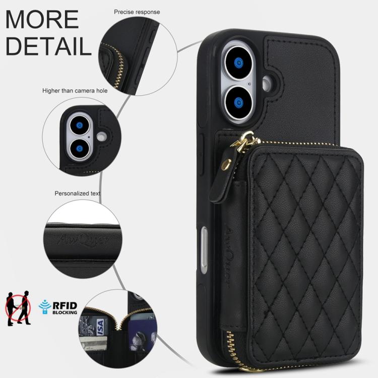 For iPhone 17 AwQuer Crossbody Zipper Wallet Rhombic Leather Back Phone Case(Black) by Awquer