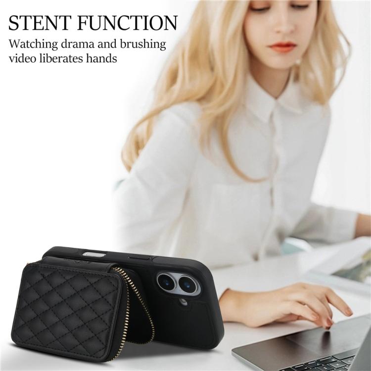 For iPhone 17 AwQuer Crossbody Zipper Wallet Rhombic Leather Back Phone Case(Black) by Awquer