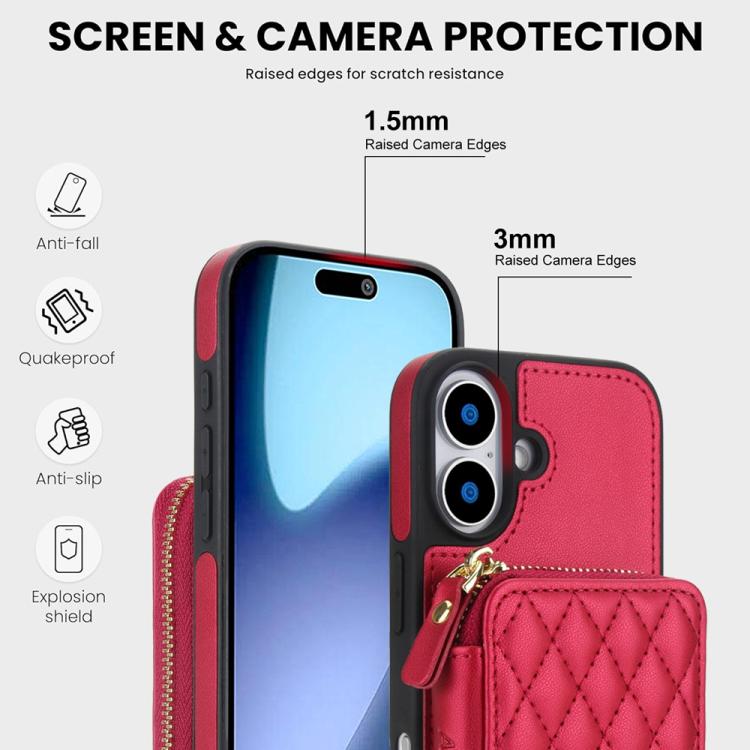For iPhone 17 AwQuer Crossbody Zipper Wallet Rhombic Leather Back Phone Case(Red) by Awquer