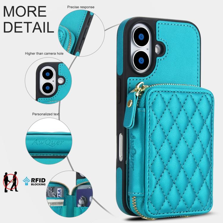 For iPhone 17 AwQuer Crossbody Zipper Wallet Rhombic Leather Back Phone Case(Green) by Awquer
