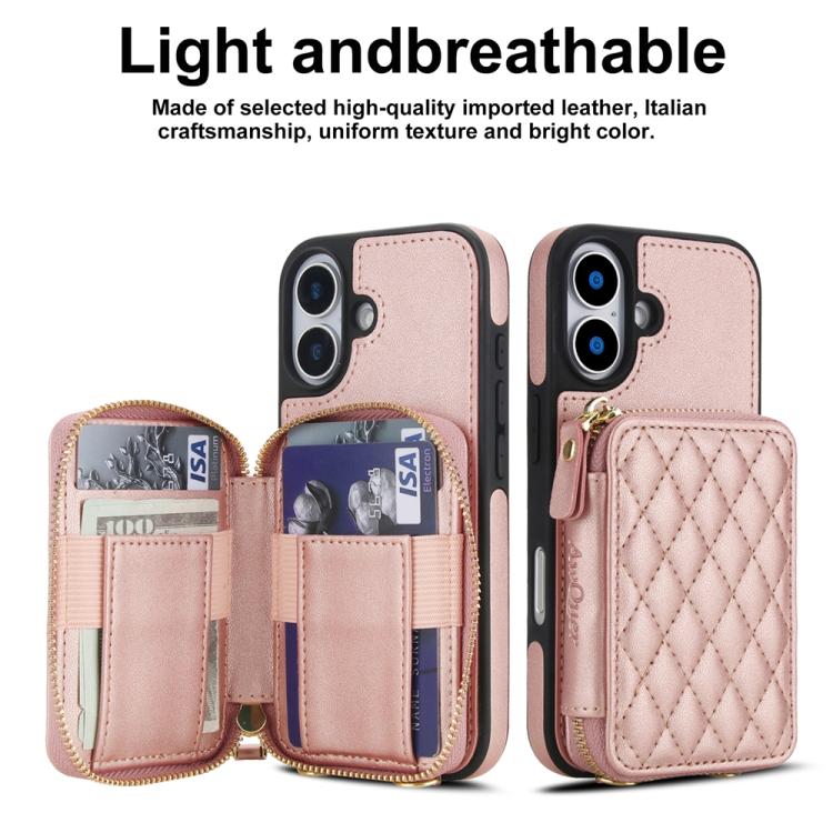 For iPhone 17 AwQuer Crossbody Zipper Wallet Rhombic Leather Back Phone Case(Rose Gold) by Awquer