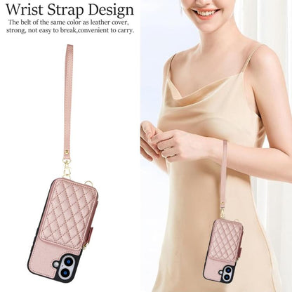 For iPhone 17 AwQuer Crossbody Zipper Wallet Rhombic Leather Back Phone Case(Rose Gold) by Awquer