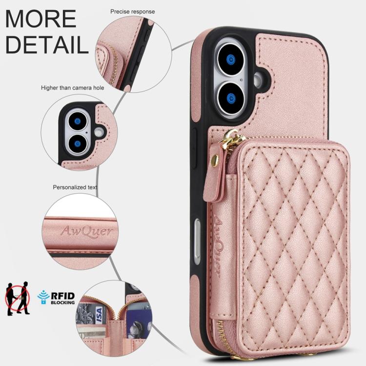 For iPhone 17 AwQuer Crossbody Zipper Wallet Rhombic Leather Back Phone Case(Rose Gold) by Awquer