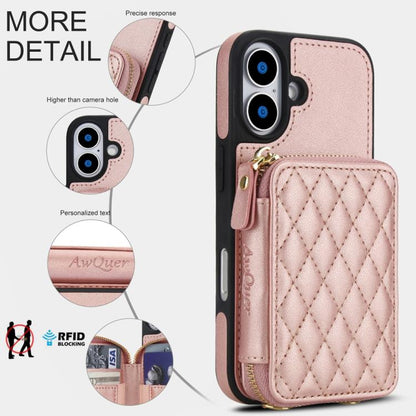 For iPhone 17 AwQuer Crossbody Zipper Wallet Rhombic Leather Back Phone Case(Rose Gold) by Awquer