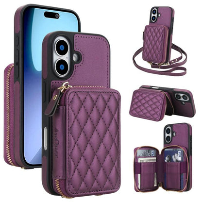 For iPhone 17 AwQuer Crossbody Zipper Wallet Rhombic Leather Back Phone Case(Dark Purple) by Awquer