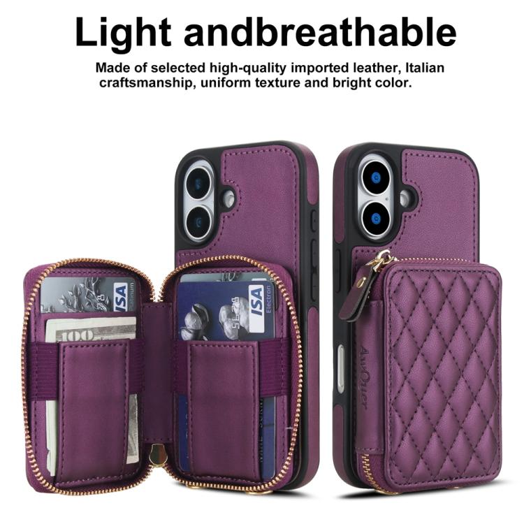 For iPhone 17 AwQuer Crossbody Zipper Wallet Rhombic Leather Back Phone Case(Dark Purple) by Awquer