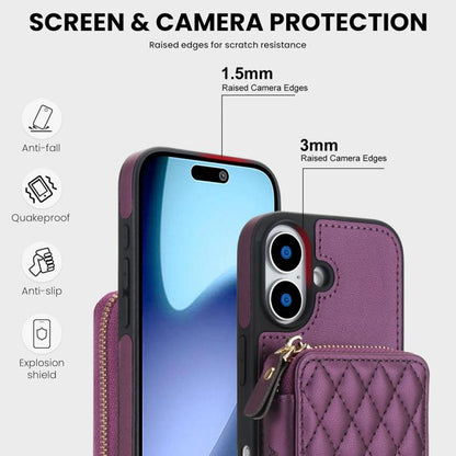 For iPhone 17 AwQuer Crossbody Zipper Wallet Rhombic Leather Back Phone Case(Dark Purple) by Awquer