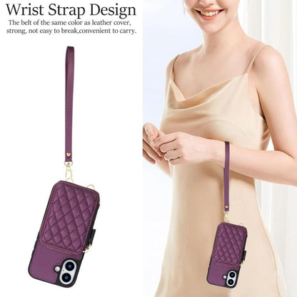 For iPhone 17 AwQuer Crossbody Zipper Wallet Rhombic Leather Back Phone Case(Dark Purple) by Awquer