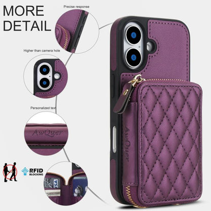 For iPhone 17 AwQuer Crossbody Zipper Wallet Rhombic Leather Back Phone Case(Dark Purple) by Awquer