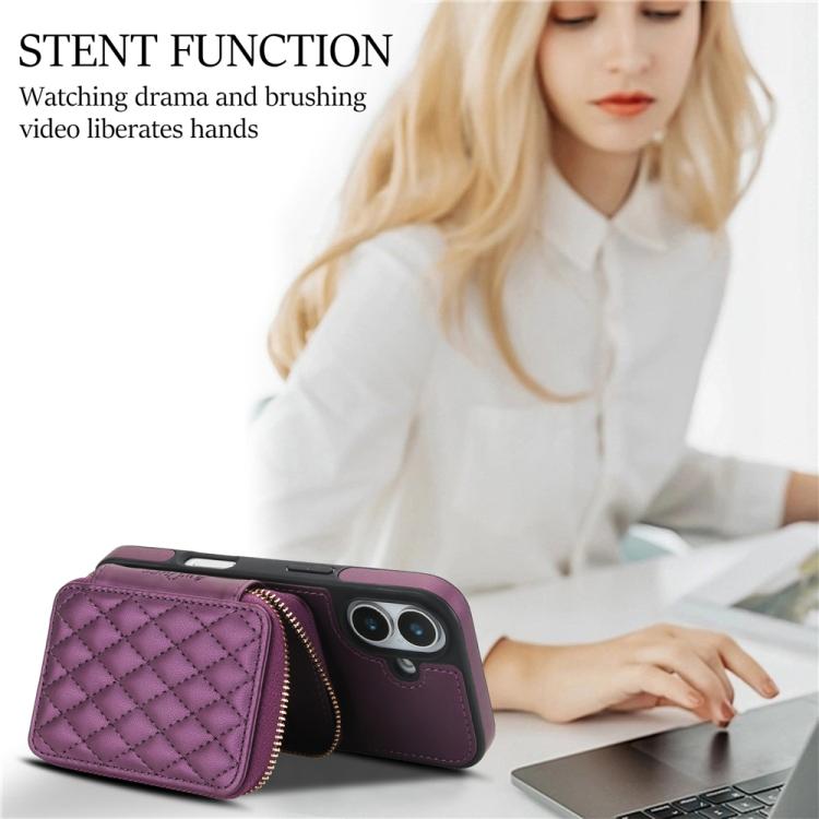 For iPhone 17 AwQuer Crossbody Zipper Wallet Rhombic Leather Back Phone Case(Dark Purple) by Awquer