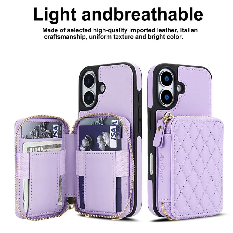 For iPhone 17 AwQuer Crossbody Zipper Wallet Rhombic Leather Back Phone Case(Purple) by Awquer