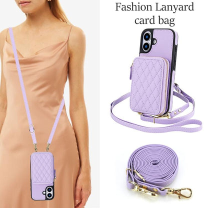 For iPhone 17 AwQuer Crossbody Zipper Wallet Rhombic Leather Back Phone Case(Purple) by Awquer