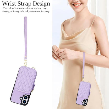 For iPhone 17 AwQuer Crossbody Zipper Wallet Rhombic Leather Back Phone Case(Purple) by Awquer