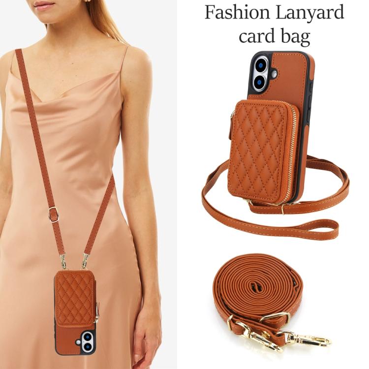 For iPhone 17 AwQuer Crossbody Zipper Wallet Rhombic Leather Back Phone Case(Brown) by Awquer