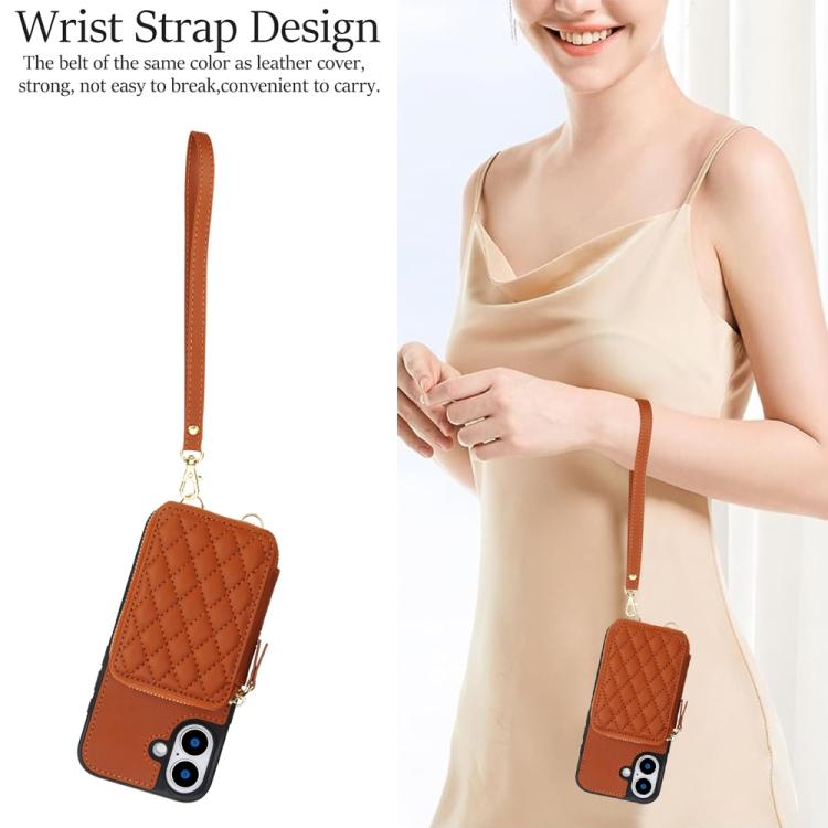 For iPhone 17 AwQuer Crossbody Zipper Wallet Rhombic Leather Back Phone Case(Brown) by Awquer