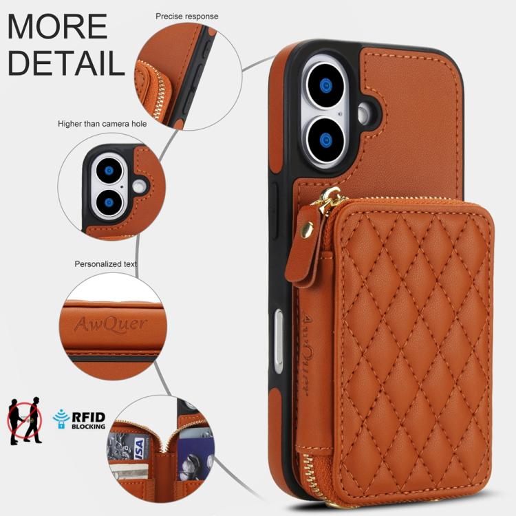 For iPhone 17 AwQuer Crossbody Zipper Wallet Rhombic Leather Back Phone Case(Brown) by Awquer