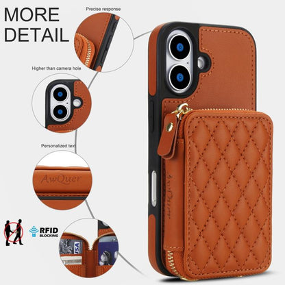 For iPhone 17 AwQuer Crossbody Zipper Wallet Rhombic Leather Back Phone Case(Brown) by Awquer