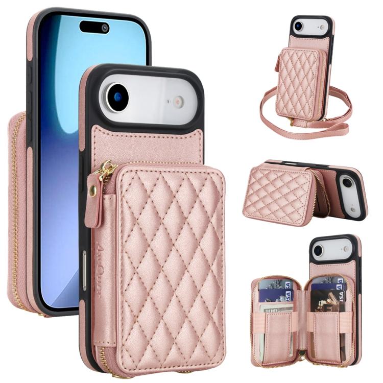 For iPhone Air AwQuer Crossbody Zipper Wallet Rhombic Leather Back Phone Case(Rose Gold) by Awquer