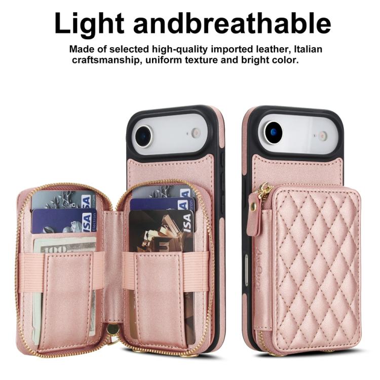 For iPhone Air AwQuer Crossbody Zipper Wallet Rhombic Leather Back Phone Case(Rose Gold) by Awquer