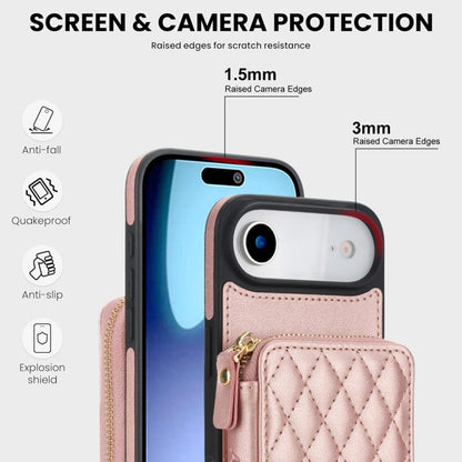 For iPhone Air AwQuer Crossbody Zipper Wallet Rhombic Leather Back Phone Case(Rose Gold) by Awquer