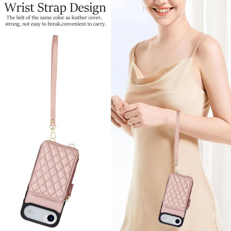 For iPhone Air AwQuer Crossbody Zipper Wallet Rhombic Leather Back Phone Case(Rose Gold) by Awquer